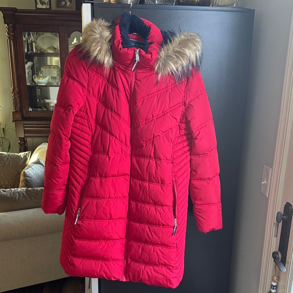 Red Puffer Coat with Faux Fur Hood
